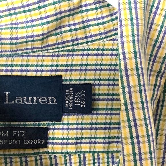 Ralph Lauren Men Custom Fit Long Sleeve Shirt Size 16.5/36-37 Yellow Blue Checks - Picture 4 of 7